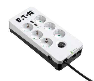Eaton Protection Box 6 Tel@ USB DIN - Steckdosenleiste mit berspannungsschutz (6-Fach Schuko Buchse, schaltbar, Telefonschutz und USB Ausgnge) - wei (PB6TUD) 