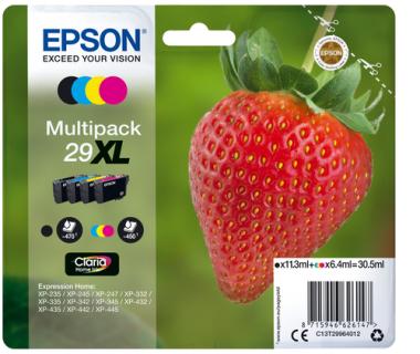 Epson 29XL Multipack - 4er-Pack - 30,5 ml - High Capacity - Schwarz, Gelb, Cyan, Magenta - Original - Blister mit RF- / aktustischem Alarmsignal - Tintenpatrone - fr Expression Home XP-235, 245, 247, 332, 335, 342, 345, 432, 435, 442, 445 (C13T29964022) 