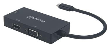 MANHATTAN USB-C 3-in-1 Multiport A/V-Konverter USB Typ C-Stecker auf DVI- HDMI- VGA-Buchse 4K30Hz auf HDMI 1080p auf VGA und DVI 