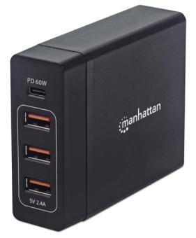 MANHATTAN Power Delivery Ladestation 72W Ladegeraet mit einem USB-C PD-Port bis zu 60W drei USB-A-Ladeports bis zu 12W/2,4A schwarz 