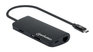 Manhattan USB-C 5-Port Hub/Dock/Converter, USB-C to USB-C (including Power Delivery), 3x USB-A and Gigabit RJ45 Ports with Card Reader, Male to Females, 5 Gbps (USB 3.2 Gen1 aka USB 3.0), 1x Ethernet 10/100/1000 Mbps network, SD/Micro SD, Cable 30cm, Alum 