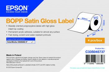 Epson - Biaxial gestrecktes Polypropylen (PP) - satiniert glnzend - permanenter Acrylklebstoff - Oberseite beschichtet - wei - Rolle (20,3 cm x 68 m) 4 Rolle(n) Endlosetiketten - fr ColorWorks CW-C6500Ae, CW-C6500Pe 