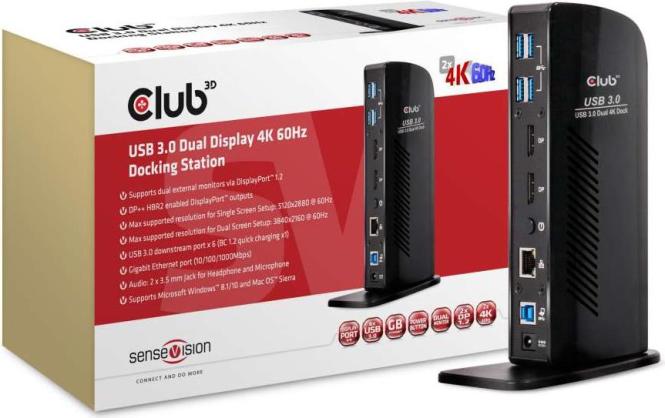 Club3D 4K Dockingst.60Hz USB3 ->6xUSB3/2xDP/LAN/Audio bl. retail 