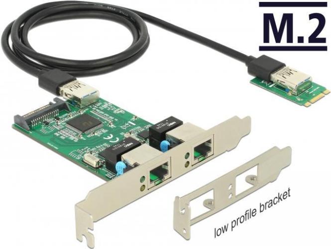 DeLock Converter M.2 Key B+M male > 2 x Gigabit LAN - Low Profile Form Factor - Netzwerkadapter - M.2 2242 Low-Profile - Gigabit Ethernet x 2 