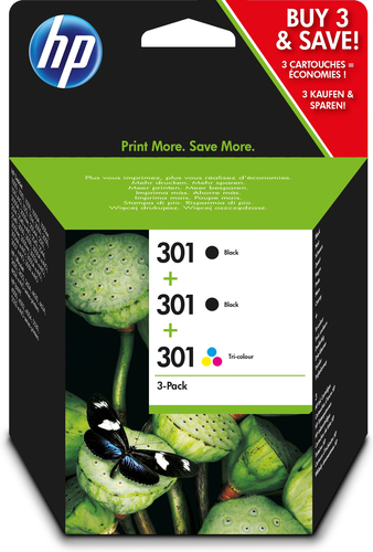 HP 301 Tinte schwarz und dreifarbig Standardkapazitt schwarz: 190 Seiten, farbe: 165 Seiten Multipack 2BK + 1 Tri-color 