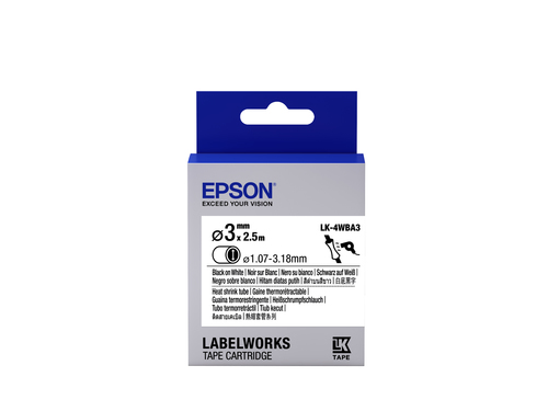 Epson LabelWorks LK-4WBA3 - Schrumpfschlauch - Schwarz auf Wei - Roll (0,3 cm x 2,5 m) 1 Rolle(n) - fr LabelWorks LW-1000P, LW-300, LW-300L, LW-400, LW-400L, LW-400VP, LW-600P, LW-700, LW-900P (C53S654903) 