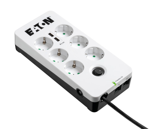 Eaton Protection Box 6 Tel@ USB DIN - Steckdosenleiste mit berspannungsschutz (6-Fach Schuko Buchse, schaltbar, Telefonschutz und USB Ausgnge) - wei (PB6TUD) 