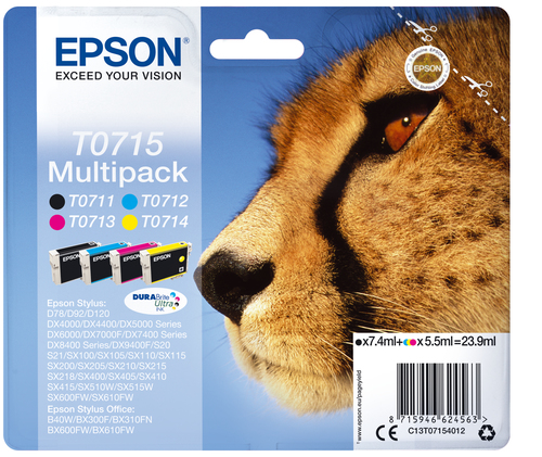 Epson T0715 Multipack - 4er-Pack - 23,9 ml - Schwarz, Gelb, Cyan, Magenta - Original - Blister mit RF- / aktustischem Alarmsignal - Tintenpatrone - fr Stylus DX9400, SX115, SX210, SX215, SX218, SX415, SX515, SX610, Stylus Office BX310, BX610 (C13T0715402 