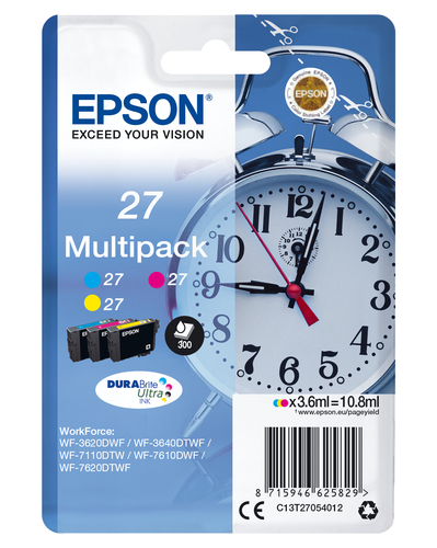 EPSON 27 Tinte cyan, magenta und gelb Standardkapazitt 3x3.6ml 3x350 Seiten combopack blister ohne Alarm - DURABrite 