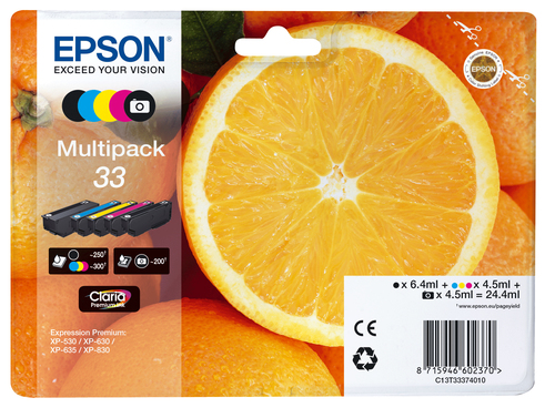 Epson 33 Multipack - 5er-Pack - Schwarz, Gelb, Cyan, Magenta, Photo schwarz - Original - Blisterverpackung - Tintenpatrone (C13T33374010) 