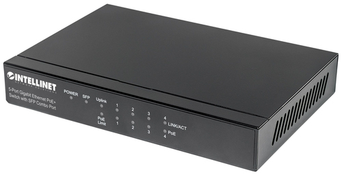INTELLINET 5-Port PoE+ Gigabit Switch mit SFP Combo-Port 4 x PSE-Ports IEEE 802.3at/af 80W Desktop 