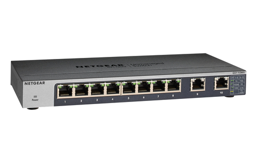 NETGEAR GS110MX - Switch - nicht verwaltet - 8 x 1000Base-T + 2 x 100/1000/2,5 G/5 G/10 G (Uplink) - Desktop, an Rack montierbar, wandmontierbar - Gleichstrom 