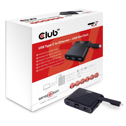Club 3D USB3.0 Type-C to Ethernet + USB3.0 Mini Docking Station - Netzwerkadapter - USB Type-C - Gigabit Ethernet - Schwarz (CSV-1530) 