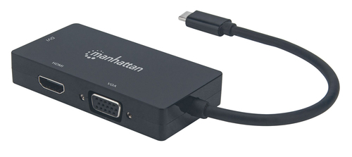 MANHATTAN USB-C 3-in-1 Multiport A/V-Konverter USB Typ C-Stecker auf DVI- HDMI- VGA-Buchse 4K30Hz auf HDMI 1080p auf VGA und DVI 