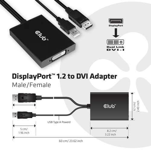 Club 3D DisplayPort Adapter DP zu DVI-I Dual Link aktiv St./Bu. schwarz CAC-1010 