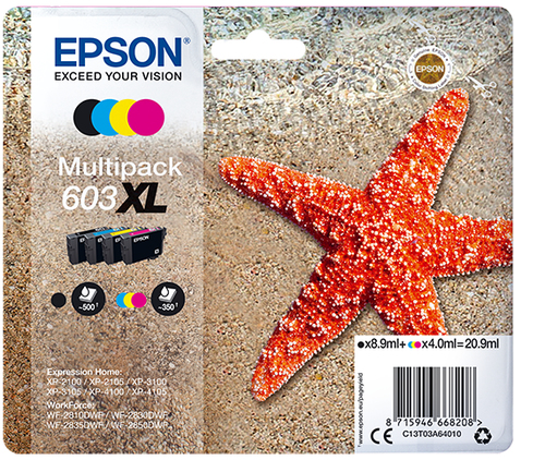 Epson 603XL Multipack - 4er-Pack - XL - Schwarz, Gelb, Cyan, Magenta - Original - Blister mit RF- / aktustischem Alarmsignal - Tintenpatrone - fr Expression Home XP-2100, 2105, 3100, 3105, 4100, 4105, WorkForce WF-2810, 2830, 2835, 2850 (C13T03A64020) 