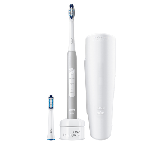 Braun Oral-B Pulsonic Slim Luxe 4200 Elektrische Schallzahnbrste fr gesnderes Zahnfleisch in 4 Wochen, 3 Putzmodi inkl. Sensitiv, Timer, 2 Aufsteckbrsten, Reiseetui, Frustfreie Verpackung, platin (4210201233695) 