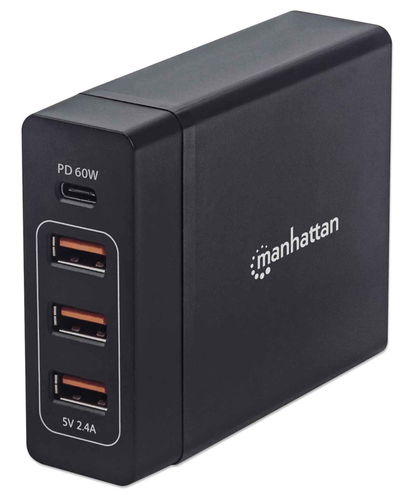 MANHATTAN Power Delivery Ladestation 72W Ladegeraet mit einem USB-C PD-Port bis zu 60W drei USB-A-Ladeports bis zu 12W/2,4A schwarz 