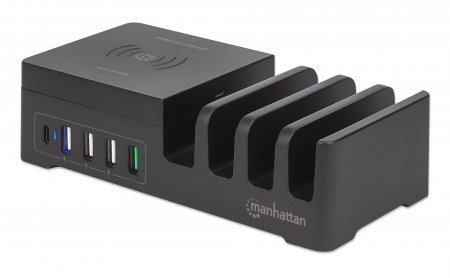 Manhattan 102230 Ladestation Wireless-Ladegrt 55W 1x USB-C PD-Port 1x Quick Charge-Ladeport 3x USB-A-Port 