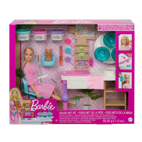 Barbie Wellness Gesichtsmasken Spielset mit Puppe (blond) mit Knete  