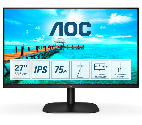 AOC 27B2DA - LED-Monitor - 68.6 cm (27 Zoll) - 1920 x 1080 Full HD (1080p) @ 75 Hz - IPS - 250 cd/m - 1000:1 - 4 ms - HDMI, DVI, VGA - Lautsprecher - Schwarz 