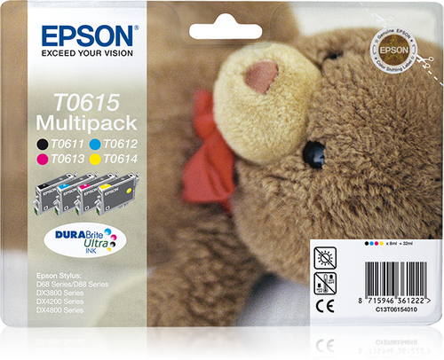 Epson Multipack T0615 - Druckerpatrone - 1 x pigmentiertes Schwarz, pigmentiertes Magenta, pigmentiertes Gelb, pigmentiertes Zyan - 250 Seiten - Blister mit RF- / aktustischem Alarmsignal - fr Stylus D68, D88, DX3800, DX3850, DX4200, DX4250, DX4800, DX48 