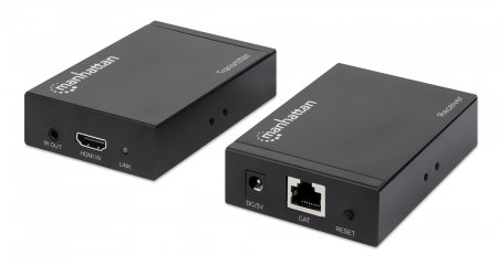 MANHATTAN 4K HDMI over Ethernet Extender Set HDMI-Signalverlngerung mit 4K@30Hz bis zu 50 m ber ein einzelnes Netzwerkkabel, Sender- und Empfngermodul, IR-Untersttzung, schwarz (207645) 