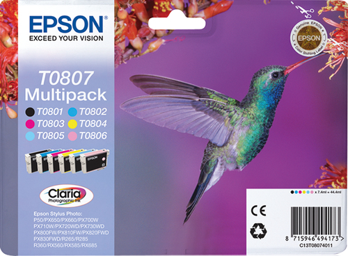 EPSON T0807 Tinte schwarz und fnf Farben Standardkapazitt schwarzand colour: 7.4ml 6-pack blister ohne Alarm 