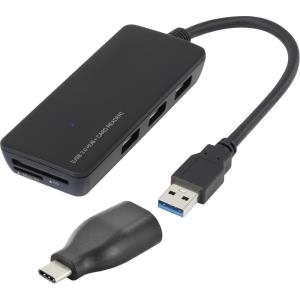 renkforce 3 Port USB 3.0-Hub mit USB Type-C Adapter mit eingebautem SD-Kartenleser Schwarz 